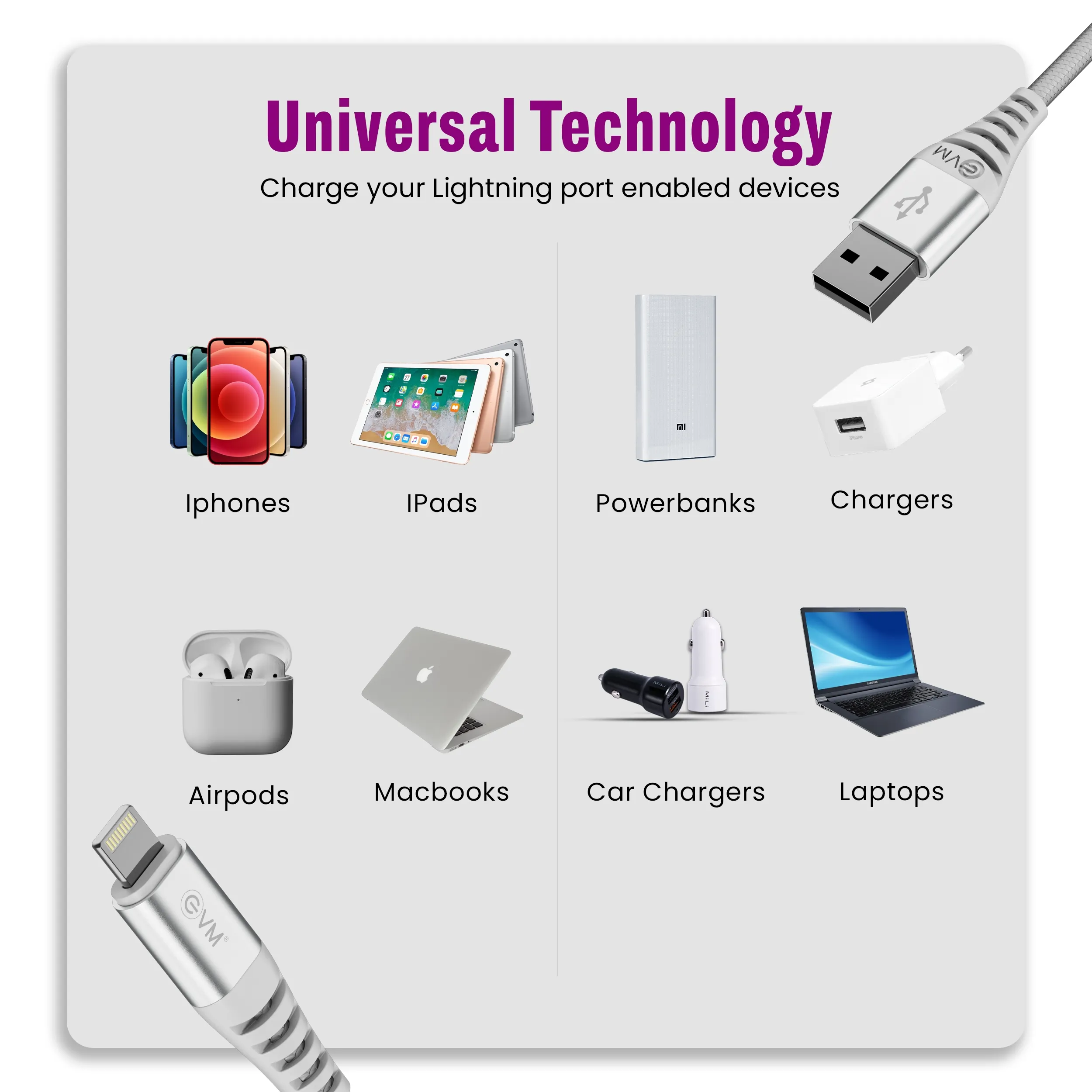 EVM Iphone  Lightning Charge & Sync Cable (Metal Head Nylon Braided Cable) EVM-CM-013 view 5
